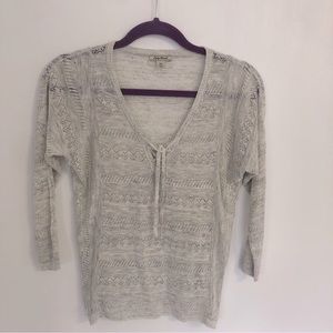 LUCKY BRAND Women White/Gray Heathered Open Weave Lace up Pullover Sweater Sz Xs